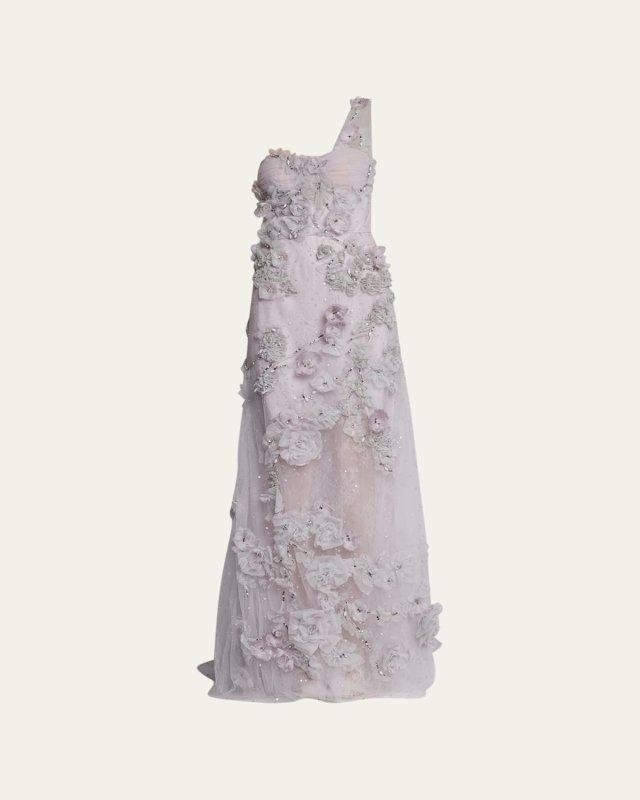 Floral Organza One-Shoulder Illusion Tulle Gown